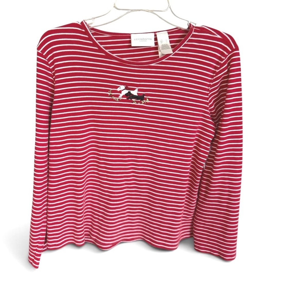 Liz Claiborne Lizsport Top Womens L Red White Striped Embroidered Scottie Dogs
